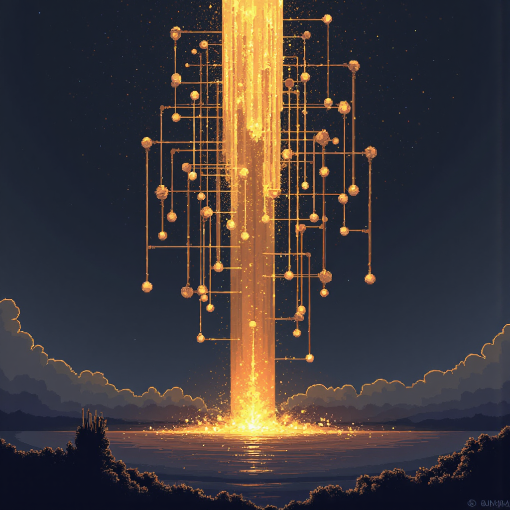 a central pillar with numerous smaller pillars branching out and connecting, symbolizing a topic cluster structure, with golden light rays illuminating the connections in a clean, modern illustration