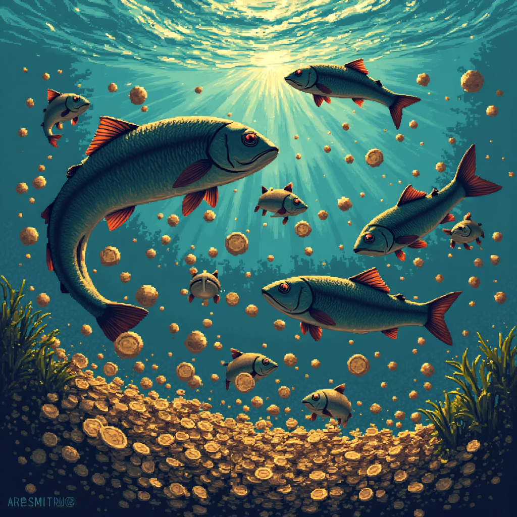 stylized illustration of a group of small fish being herded by a much larger fish through a whirlpool of coins in a dramatic underwater scene
