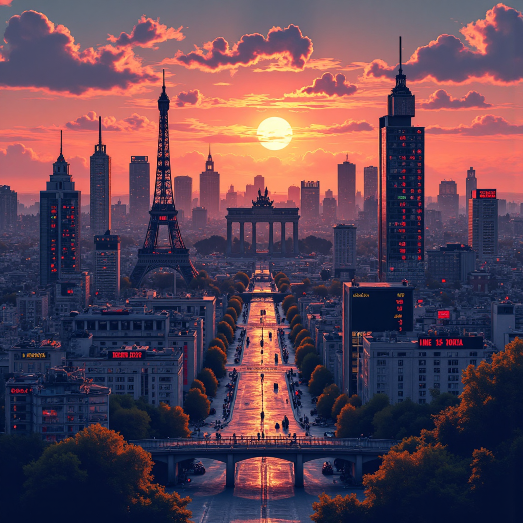 a whimsical illustration of european landmarks like the eiffel tower and brandenburg gate interconnected by glowing stock market tickers under a hopeful sunrise representing the euro stoxx 50 index power and global economic connections