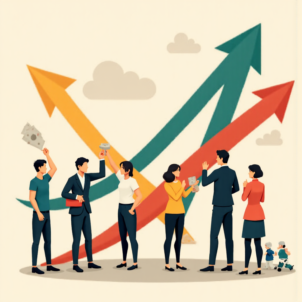 whimsical illustration of a group of diverse individuals making split second decisions near a large arrow pointing upwards and another downwards showing indecisive actions and emotional responses to market fluctuations