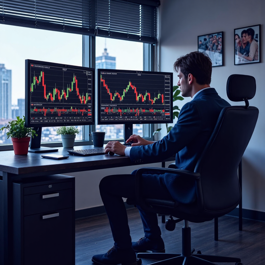 交易員自信盯多屏燭圖，清晰月線參數設定線條，示動態市決策