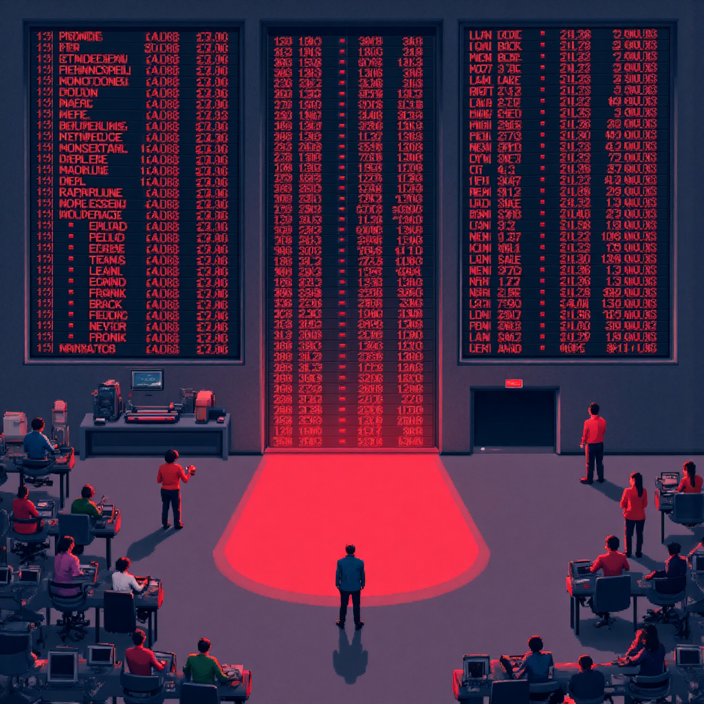 An overhead view of a stylized stock market floor with trading tickers frozen a vibrant red color signifying a halt in trading surrounded by concerned but calm cartoon investors.