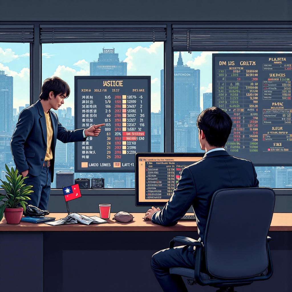 a digital illustration depicting a lively stock market trading floor in taipei during a data announcement with upward trending charts and a worried looking trader contrasting with a confident analyst pointing at a screen showing the US non farm payrolls number and a small taiwanese flag subtly placed on the desk