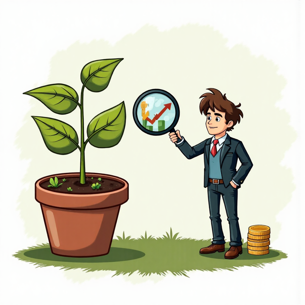 卡通股交易員檢視 MFI 圖表與成長植物，象徵投資成長與資金流動指標分析