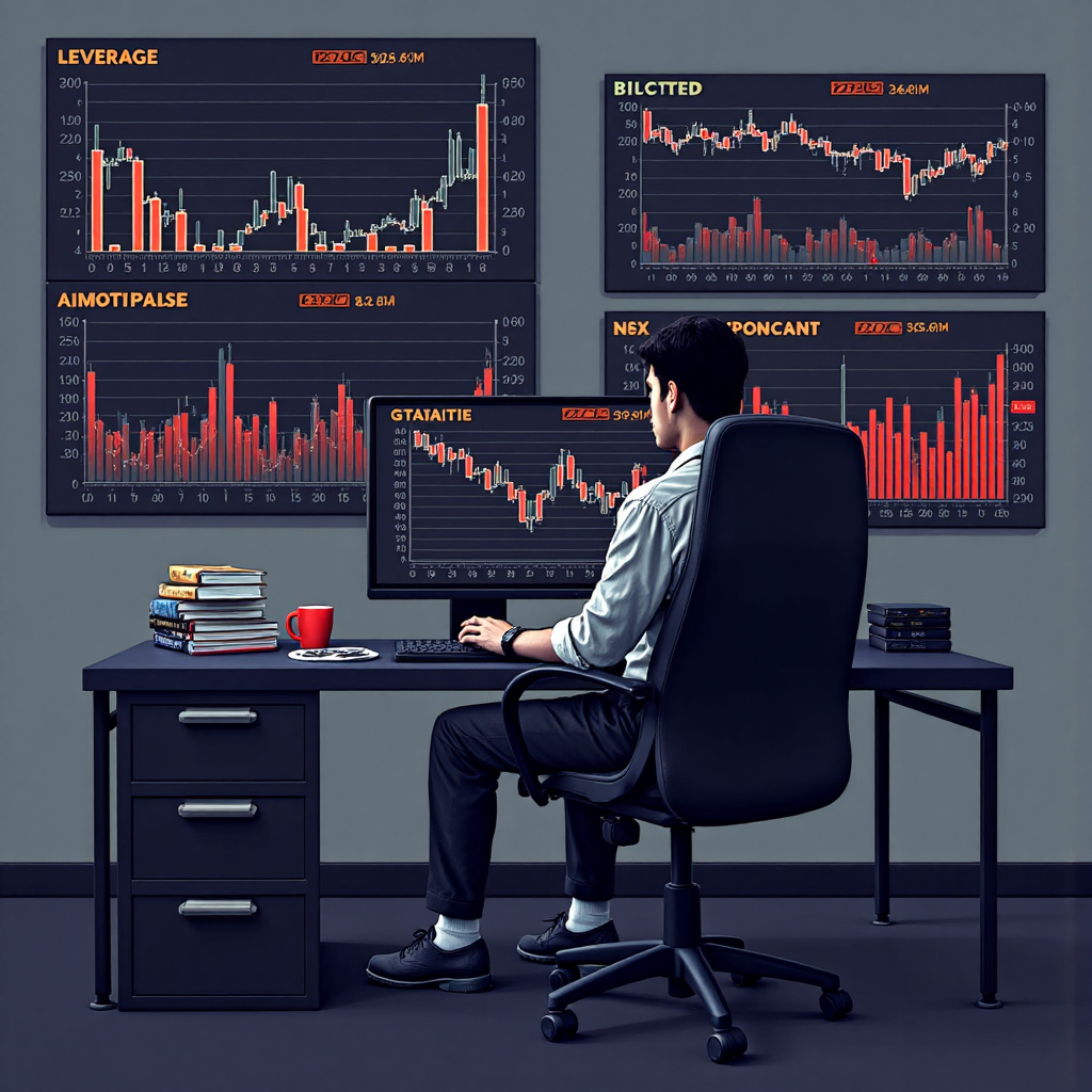 An illustration depicting a trading desk with various financial charts and graphs showing escalating lines representing profits through leverage next to plummeting red lines symbolizing amplified losses