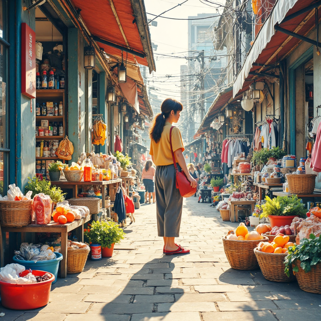 illustration of a vibrant taiwanese market scene with diverse food items clothing and electronics arranged in colorful baskets symbolizing the components of the consumer price index with soft natural lighting and a slightly overhead perspective