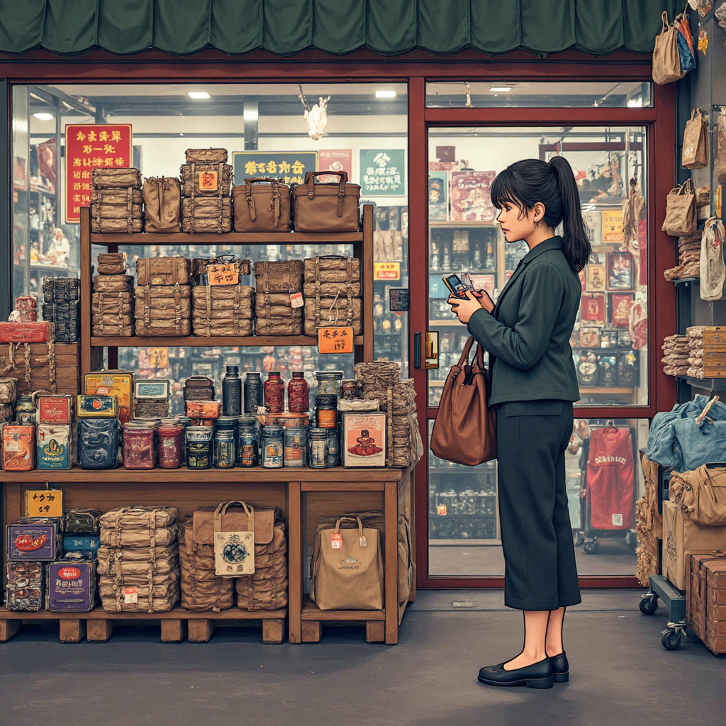 a busy Taiwanese market scene with imported goods like coffee and electronics displayed prominently with price tags showing potential increases due to currency depreciation a worried expression on a shopper's face muted color palette emphasizing economic impact