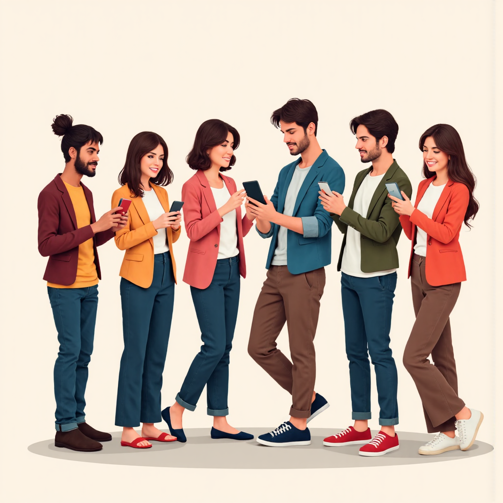 不同受眾群體透過各種裝置互動數位內容的插圖，強調目標受眾細分與有價值資訊的吸引力