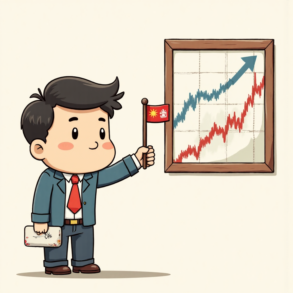 whimsical illustration showing a Taiwanese investor calmly observing a dynamic stock market chart reflecting both upward and downward movements while holding a small, steady flag symbolizing risk management and long-term strategy