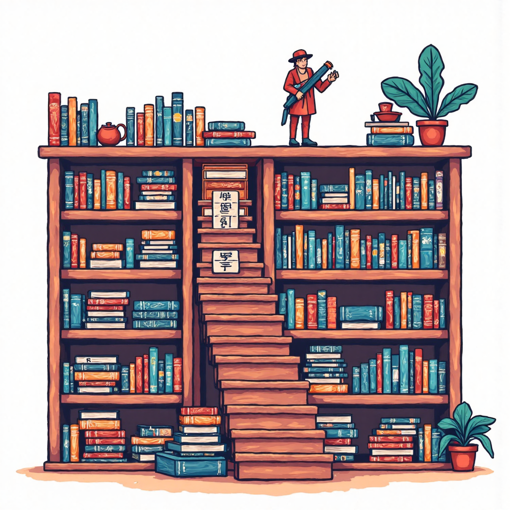 a stylized illustration depicting a well-organized bookshelf with clearly labeled sections and ascending steps leading to a prominent search icon, representing strong information architecture and user experience