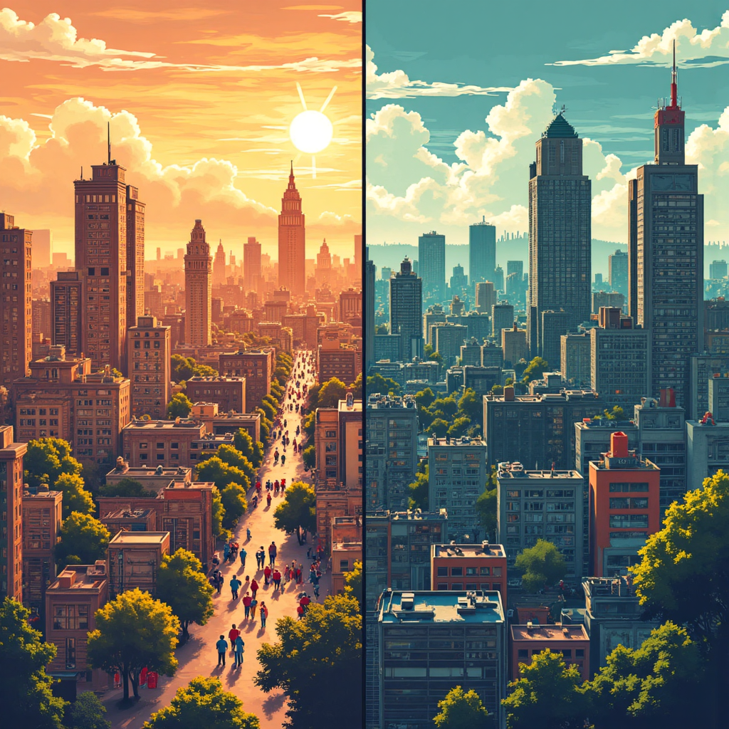 A split image illustration showing one side a bustling vibrant city with happy people enjoying prosperity under a sunlit sky representing successful QE and the other side a city with some people feeling left behind and struggling under a slightly darker sky illustrating wealth inequality concerns muted tones