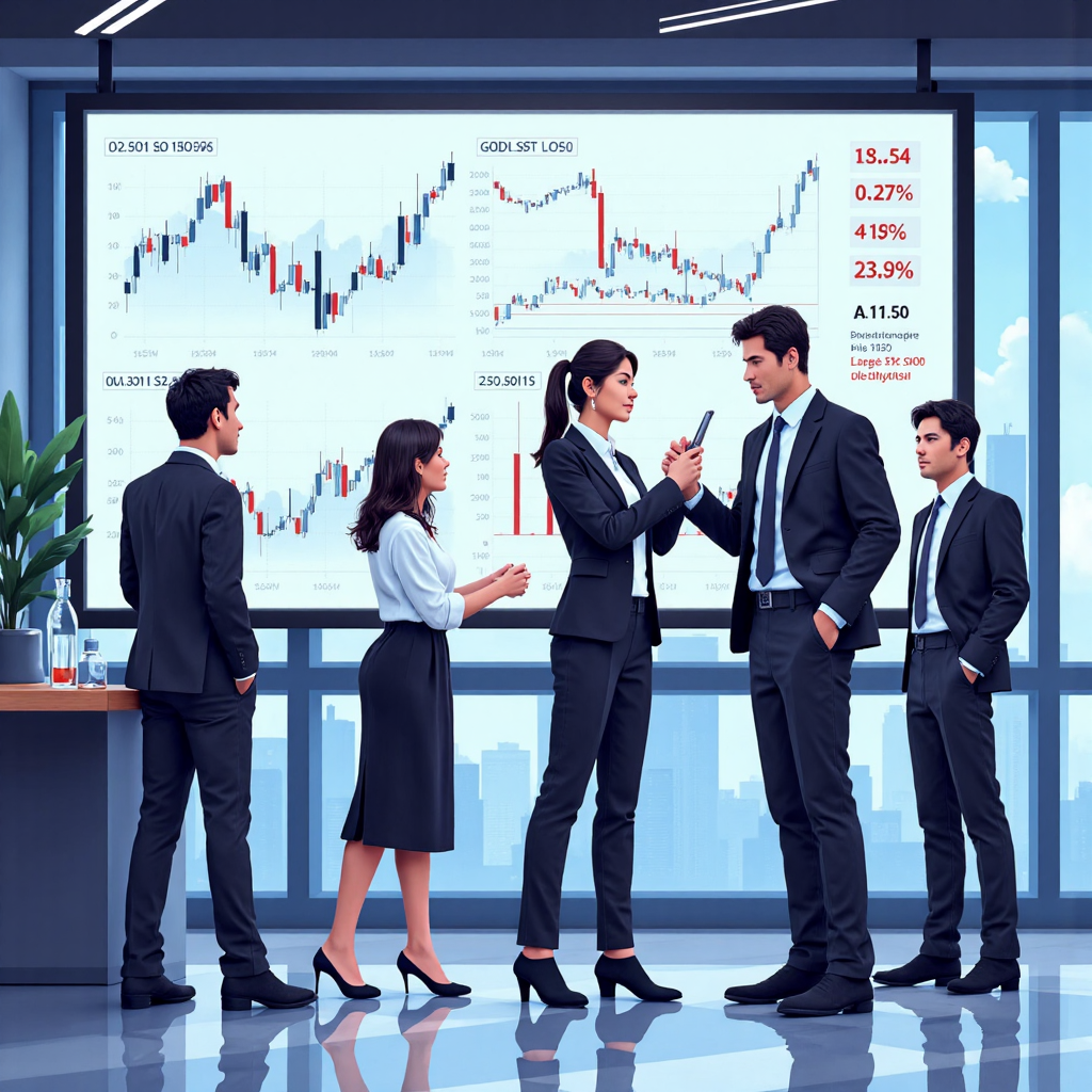 a modern illustration of a diverse group of Asian business people collaborating around a large digital display showing dynamic stock market charts and graphs with a sense of forward momentum and technological advancement in a bright approachable style