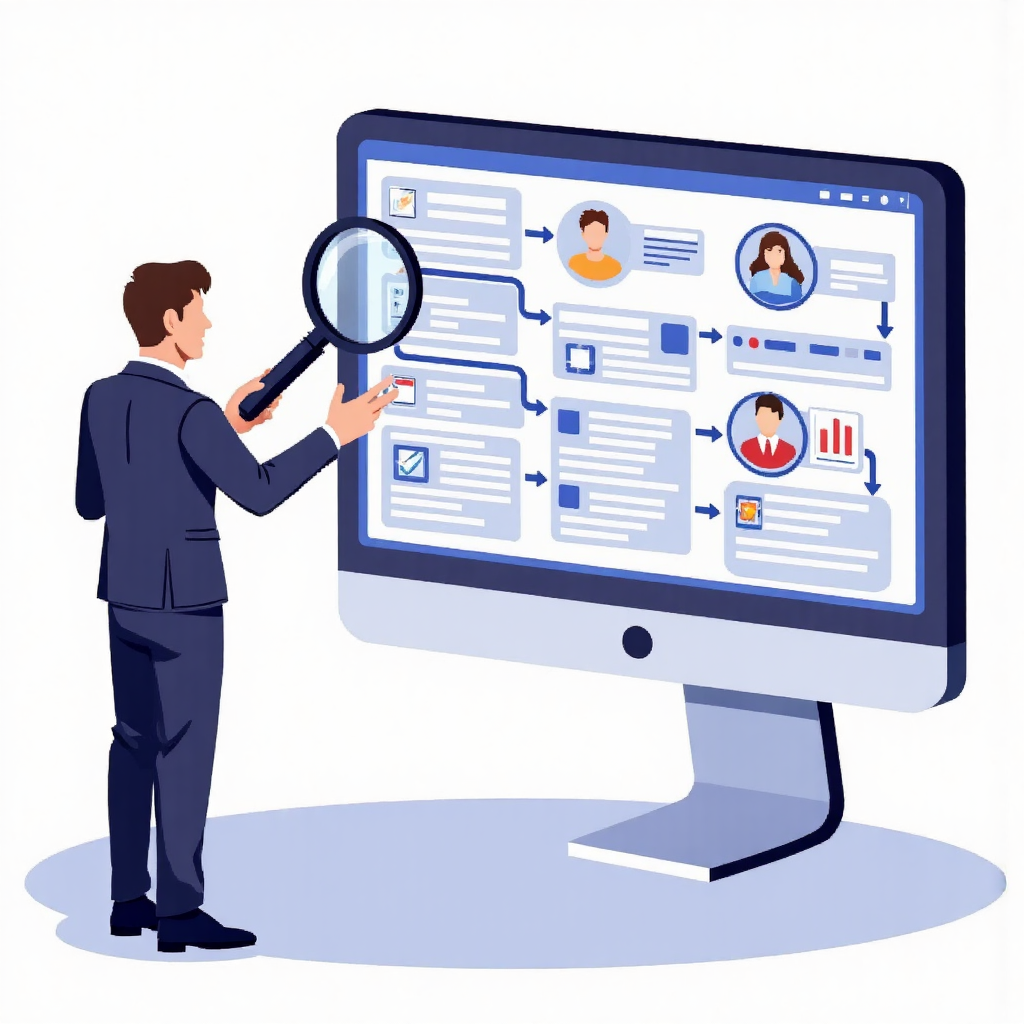 illustration of a business professional interacting with a digital interface displaying a step-by-step flowchart for a complex registration process with magnifying glasses highlighting key stages and progress bars indicating advancement