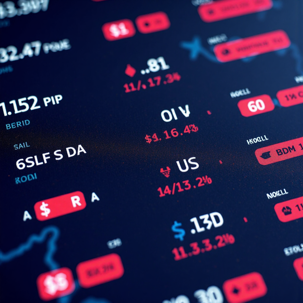 A close-up illustration of a digital currency exchange interface displaying various currency pairs like EURUSD and USDJPY each with a small tick mark indicating a price change the background shows abstract representations of money flowing and connecting the style should be clean vector art with bright accents highlighting the Pip value
