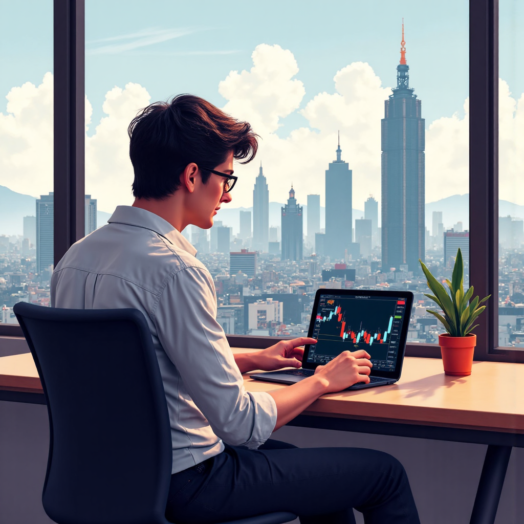 交易者查看 Autochartist 訊號的平板畫面,以台北市景為背景的數位繪畫,傳達樂觀的台灣交易氛圍