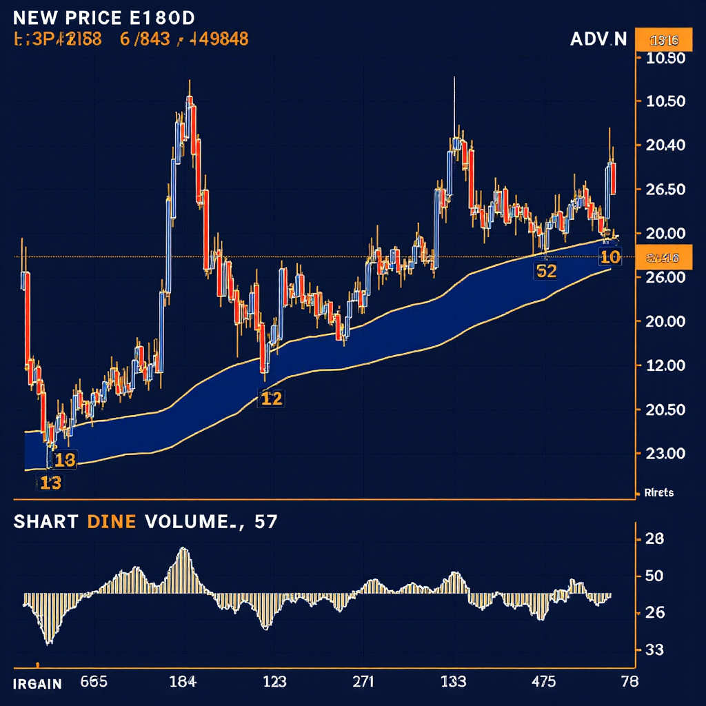 技術分析圖表展示新價線指標,與K線和成交量柱狀圖並列,藍金色調的現代平塗風格強調價格動能