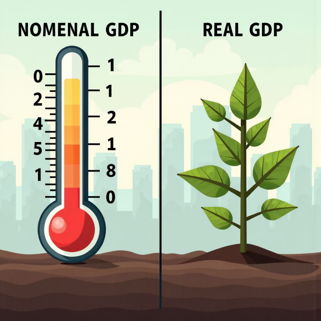 名目與實質國內生產毛額比喻：通貨膨脹溫度計對比穩定成長植物，背景城市景觀與經濟圖表