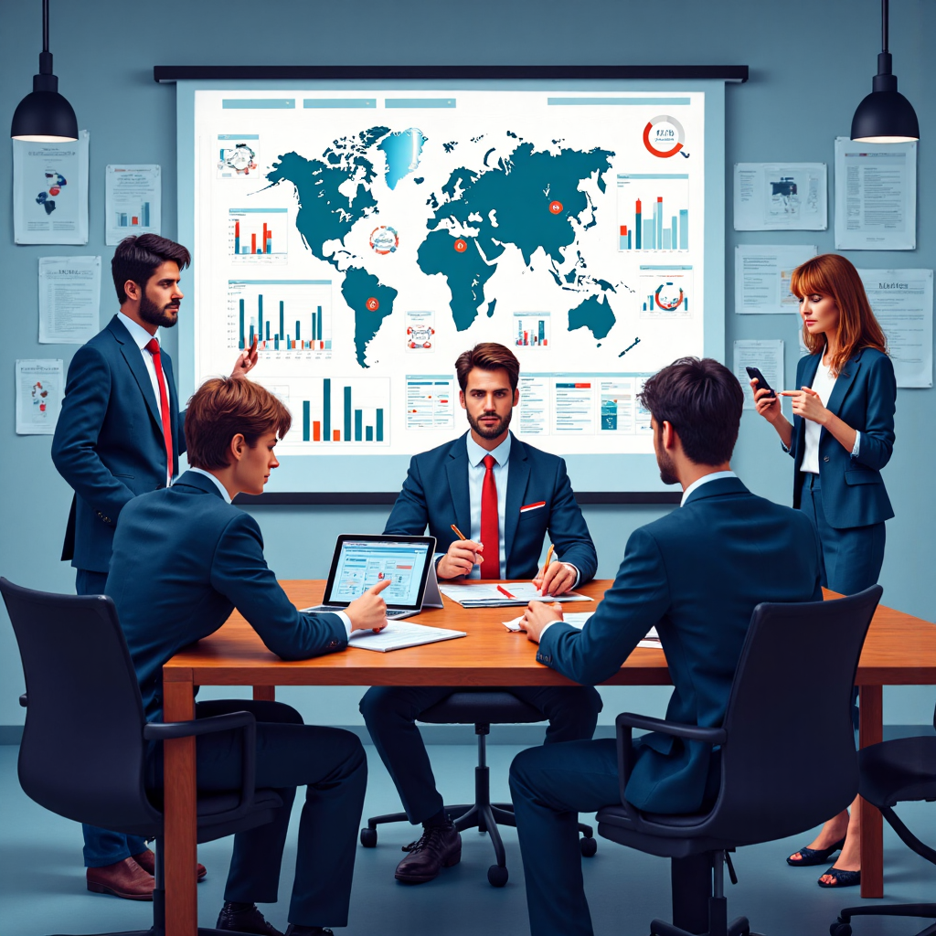 A diverse group of business professionals meticulously planning and strategizing around a table with global data visualizations and risk assessment charts projected above them illustrating proactive risk management and forward-thinking decision-making in a complex world