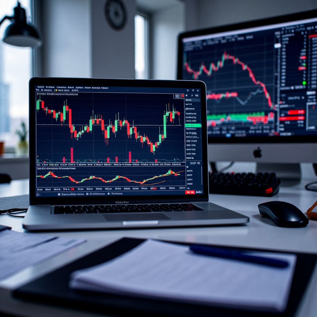 專業交易環境中電腦螢幕顯示新價線分析圖表,強調動態價格動能與金融工具的近景插圖