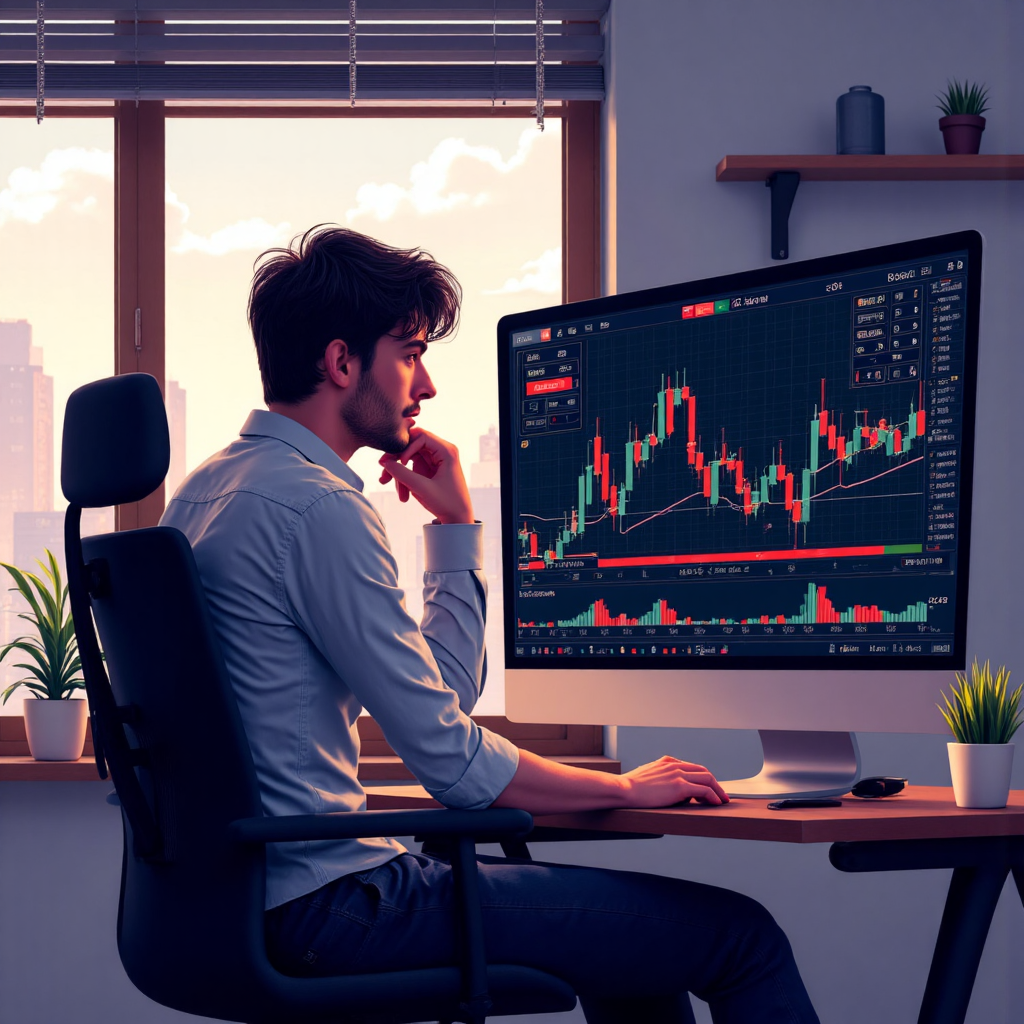 Stylized illustration of a trader thoughtfully observing a complex stock market chart featuring kd indicator lines a feeling of deep analysis and strategic decision making with soft morning light