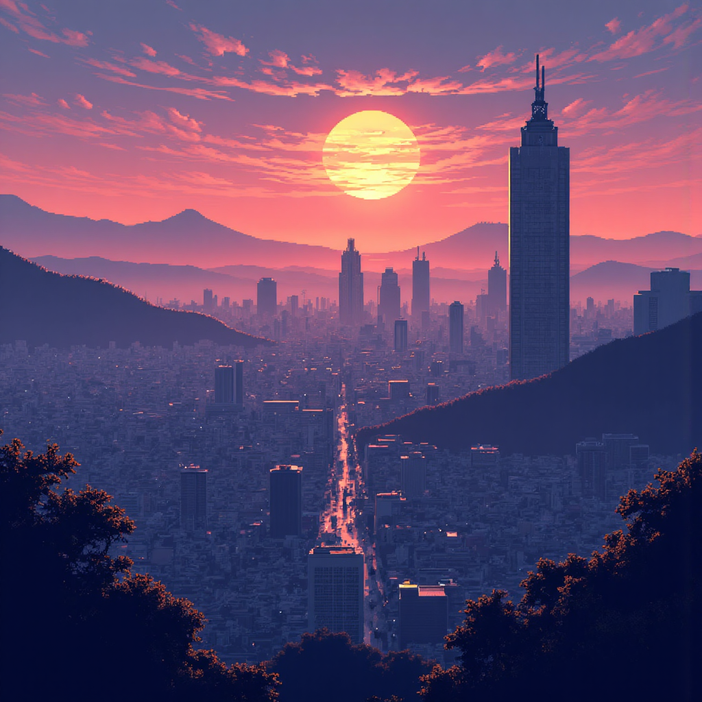 stylized artwork of twilight in Taiwan with gentle mountains and modern city outlines subtly integrated with flowing clock hands and soft warm lighting in a serene digital painting