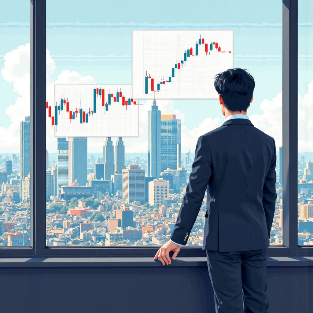 a split illustration showing a taiwanese investor looking towards a european cityscape with euro stoxx 50 index charts overlaid representing opportunity and diversification a sense of careful consideration and hopeful future growth