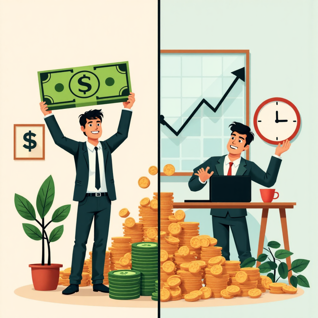 A split image showing one side of a confident trader celebrating a large profit with a growing money tree, and the other side depicting a worried trader facing a falling graph and a shrinking coin pile, contrasting color palettes for each side, clear narrative flow, illustrative style