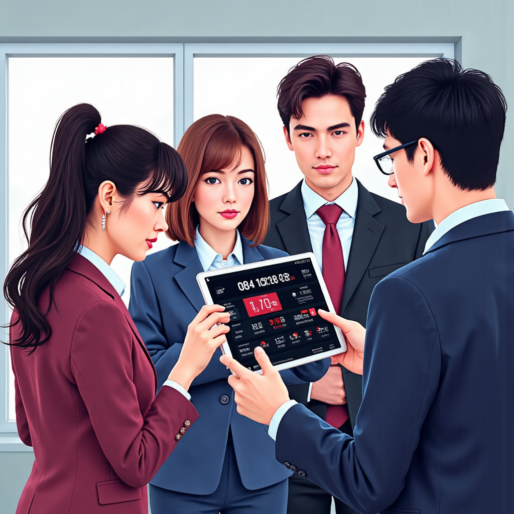 an illustration of a diverse group of Taiwanese investors looking at a tablet displaying the Tesla stock information with bright positive colors