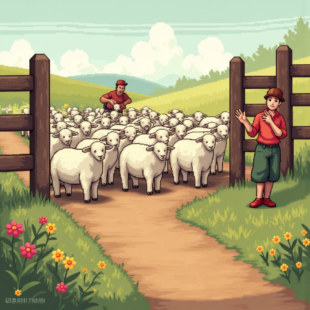 whimsical illustration of a flock of sheep being skillfully guided through a narrow gate by a shepherd with a knowing smile a calm color palette