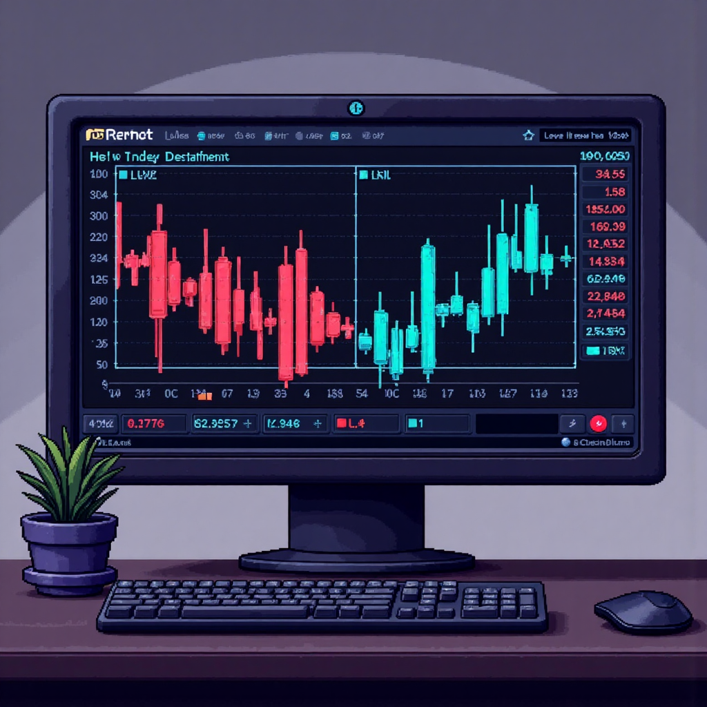 charming illustration depicting a futuristic trading terminal displaying contrasting bars for 'bull' and 'bear' sentiment with a clear division line and subtle directional arrows indicating market trends