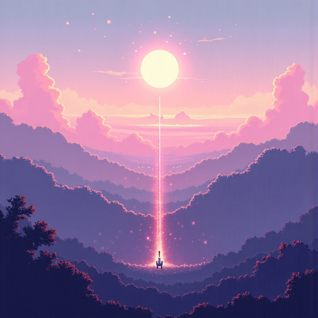 資料點在柔和發光天空下輕柔地趨向中央平均線的奇幻插圖