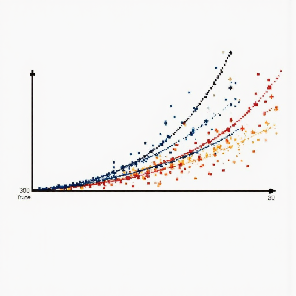 科學圖表顯示數據點從中央基準線分歧，使用微妙顏色漸變代表分析與解讀的極簡學術風格
