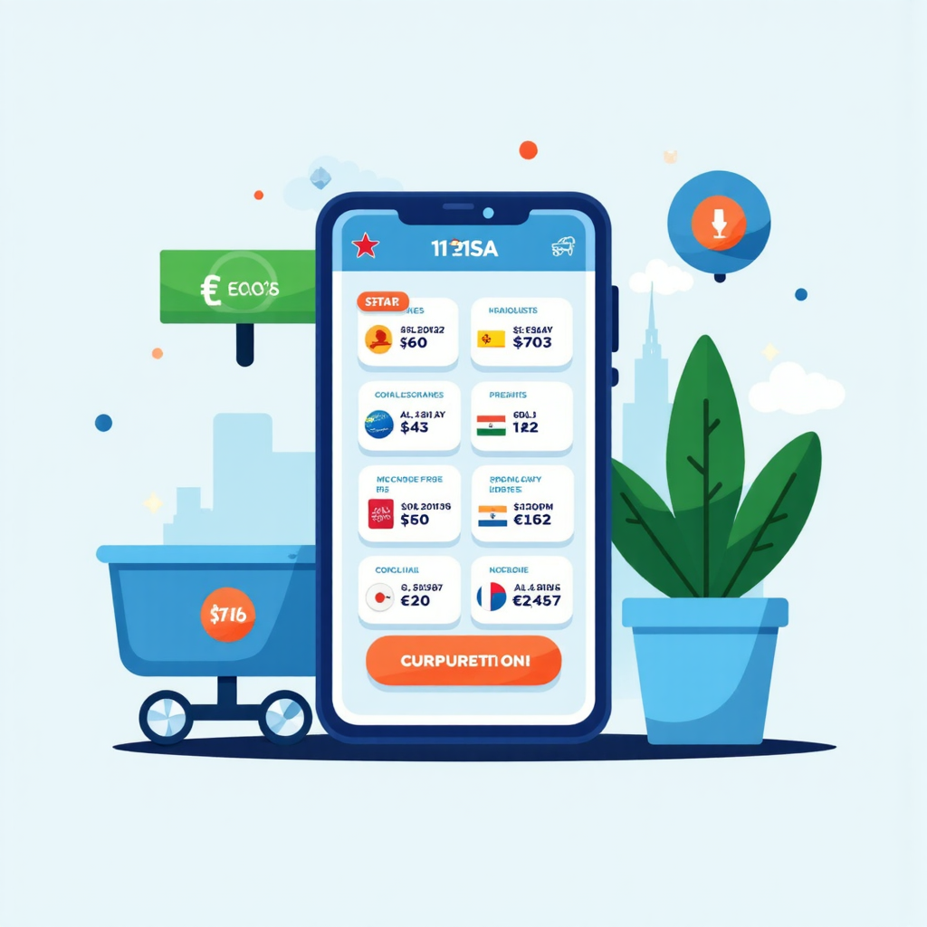 A clean and modern flat design illustration showcasing a smartphone displaying a currency converter app interface, with currency symbols and exchange rates clearly visible, alongside icons representing travel shopping and international finance, using a palette of blues and greens for a professional yet accessible feel