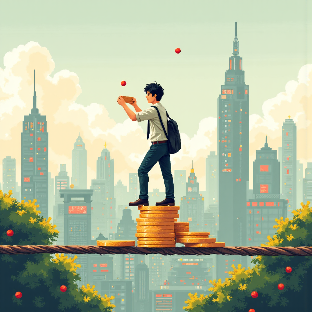 A whimsical illustration of a Taiwanese investor carefully balancing a stack of coins on a tightrope signifying risk management in leveraged trading against a backdrop of global currency and stock market symbols