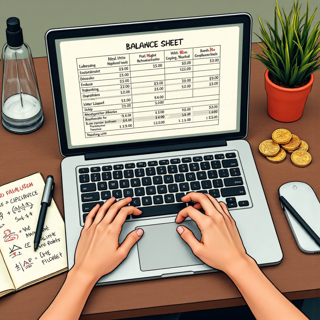 資產負債表平衡秤的風格化插圖，堆疊金幣與圖表代表資產、負債與股東權益