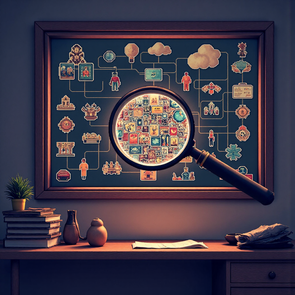 語意搜尋概念網絡的放大鏡插圖，強調發現與互聯概念