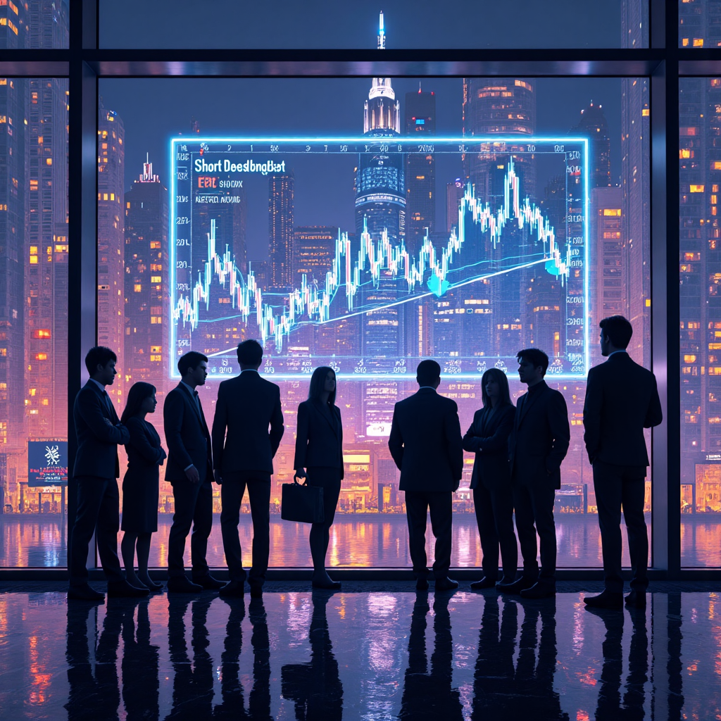 投資人圍繞全息顯示，觀察短期與長期月線參數設定的股票數據互動，城市活力背景