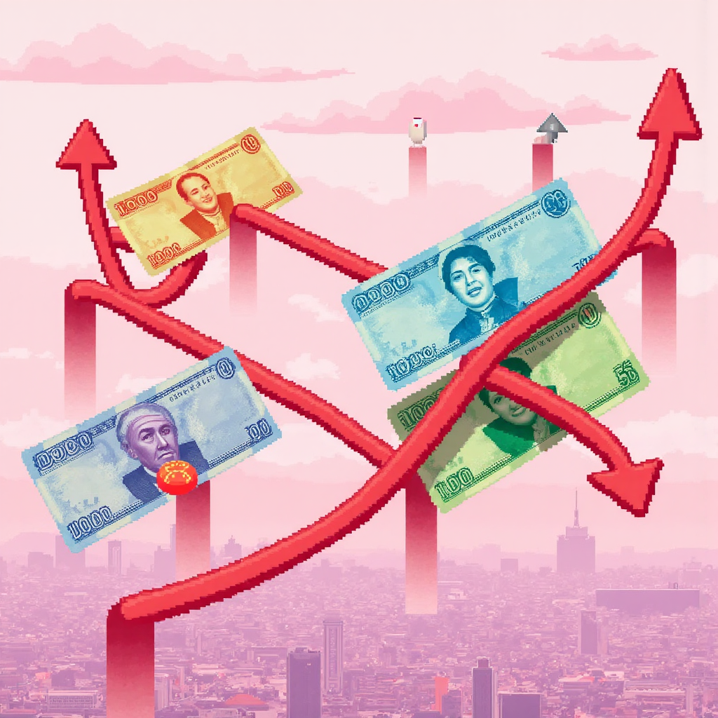 illustration of Taiwanese currency notes with upward and downward arrows indicating exchange rate fluctuations against colorful international currencies soft pastel color palette vibrant yet gentle atmospheric depiction of global finance