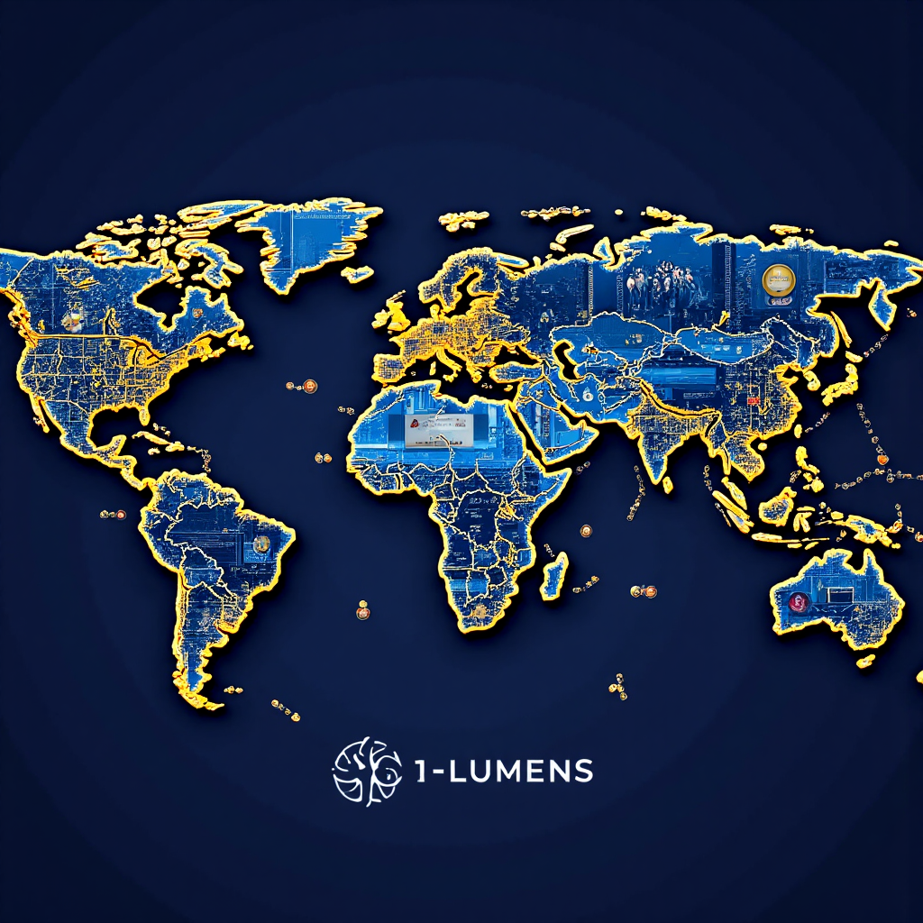 Illustrative depiction of the Stellar Lumens network visually connecting diverse global financial participants with glowing lines on a dark futuristic background in a digital art style with vibrant blue and gold accents