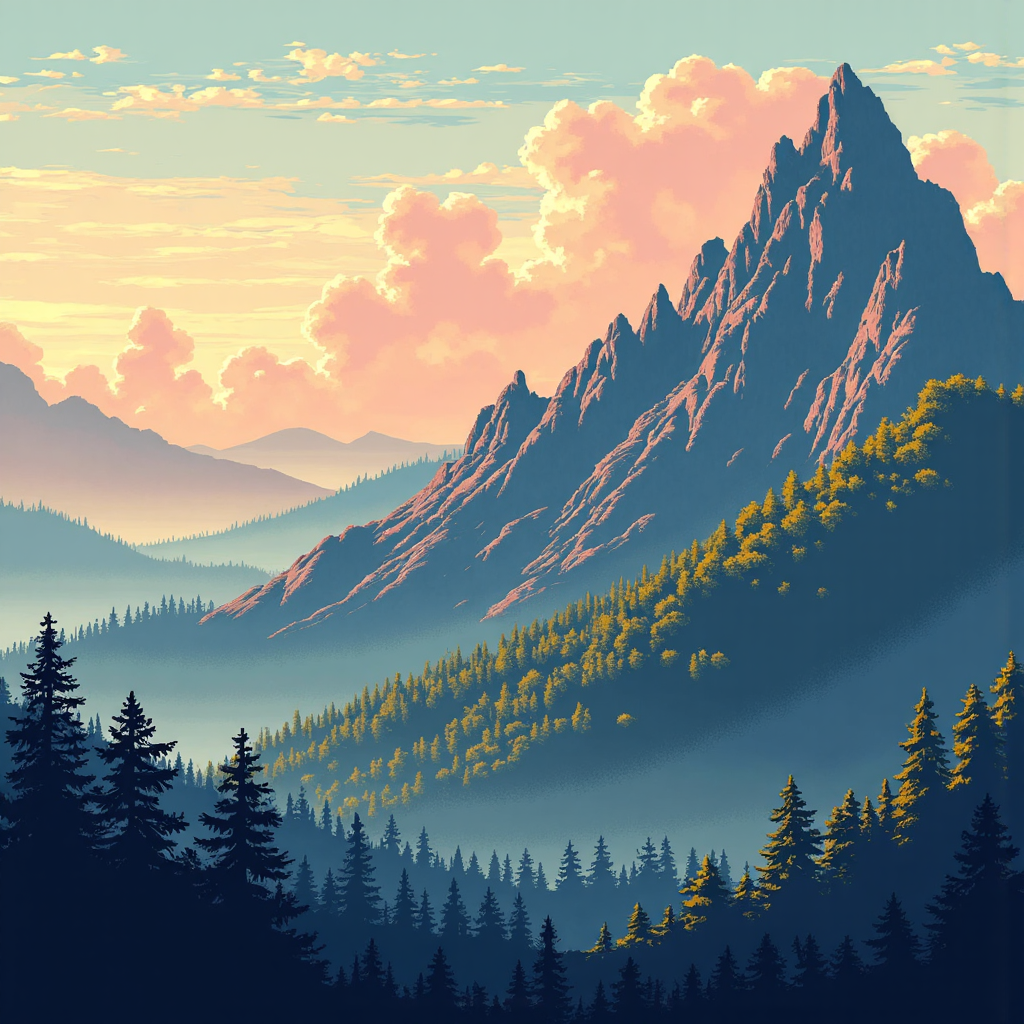 an artistic depiction of a bustling stock market graph transforming into a topographical map showing steep peaks and calm valleys bathed in warm morning light