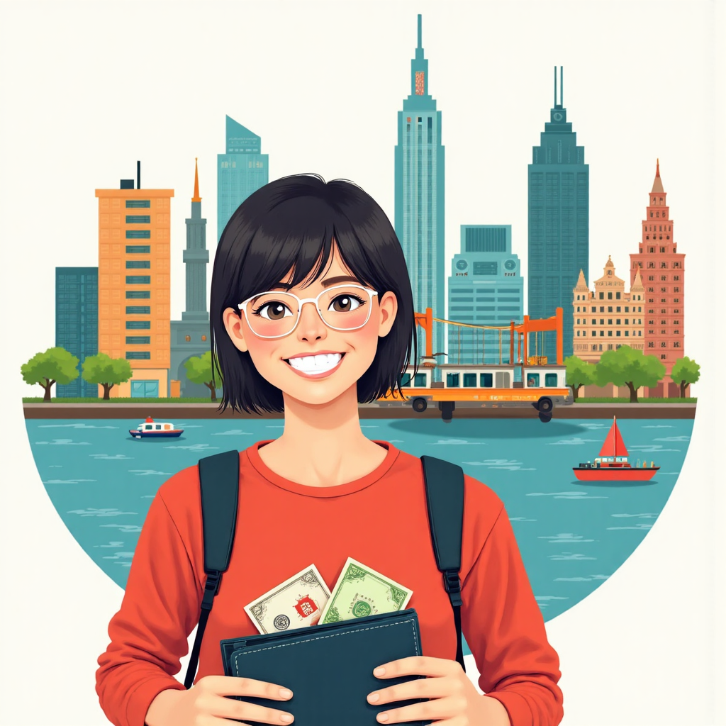 a graphic showing a Taiwanese person happily traveling abroad with a lighter wallet due to currency appreciation international landmarks in the background a sense of freedom and affordability lighthearted cartoon style
