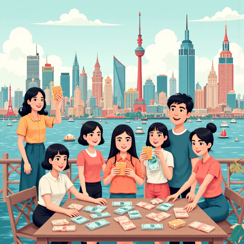 A vibrant cartoon illustration of a diverse group of people from Taiwan interacting with various global currencies like US dollars, Japanese yen, and Euros, set against a backdrop of iconic landmarks from different countries, emphasizing seamless cross-border transactions with soft pastel colors and a friendly atmosphere