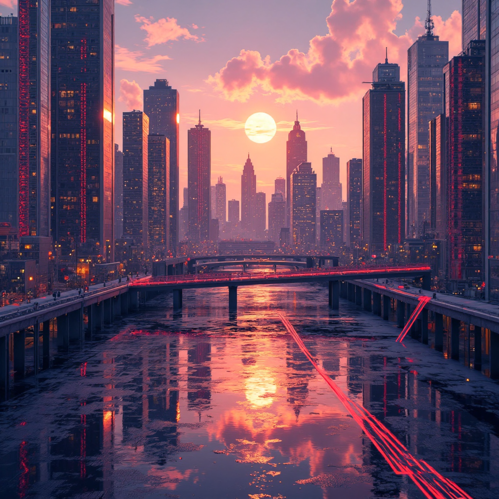 新價線技術在金融市場的未來城市景觀,發光線條代表價格動能與數據流動,溫暖色調展現動態能量