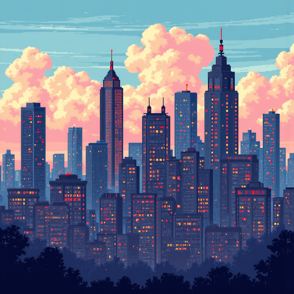 Nasdaq 100 指數的像素藝術風格城市天際線與股票圖表