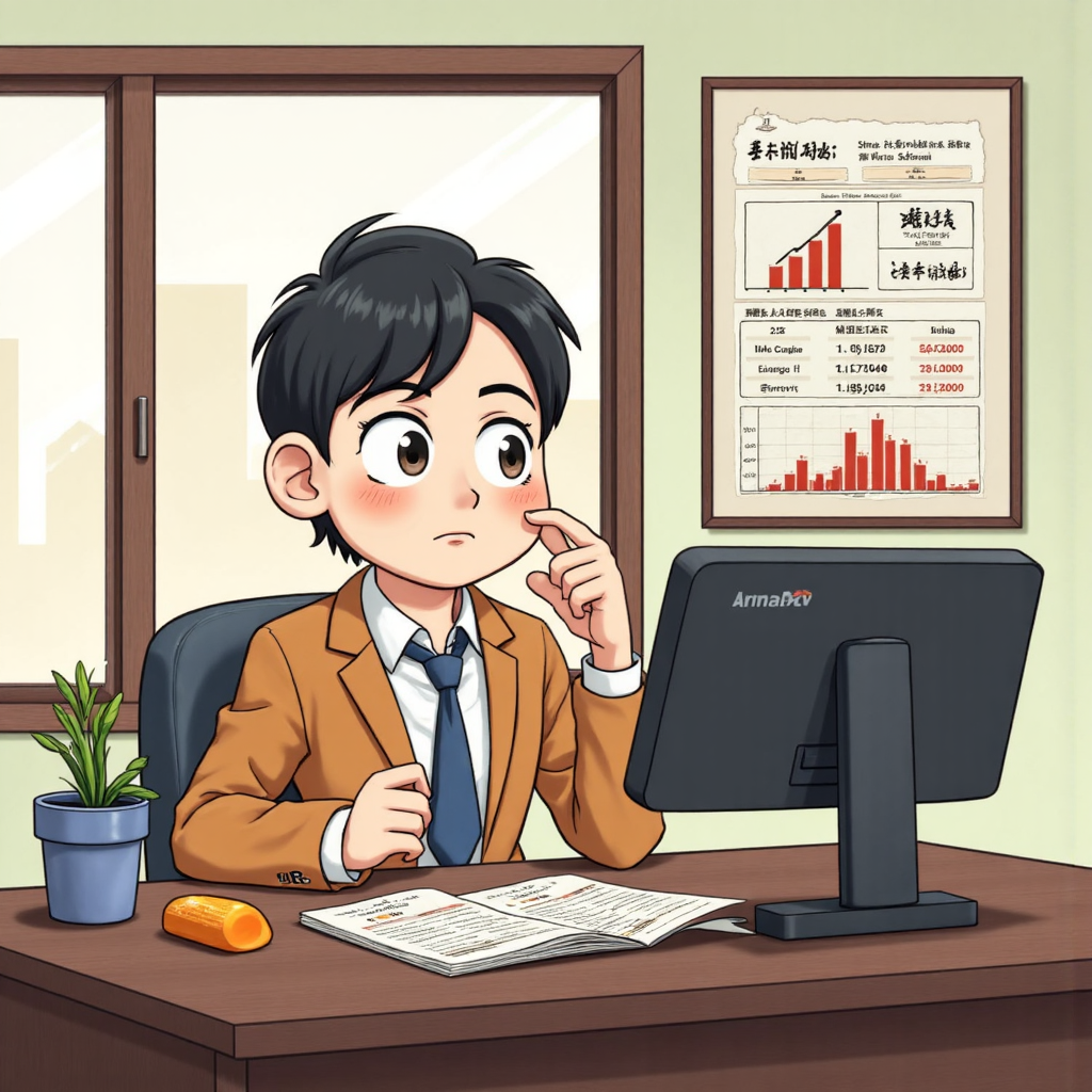an illustration of a Taiwanese business owner looking thoughtfully at a financial report displaying falling production costs and growth indicators in a hopeful atmosphere