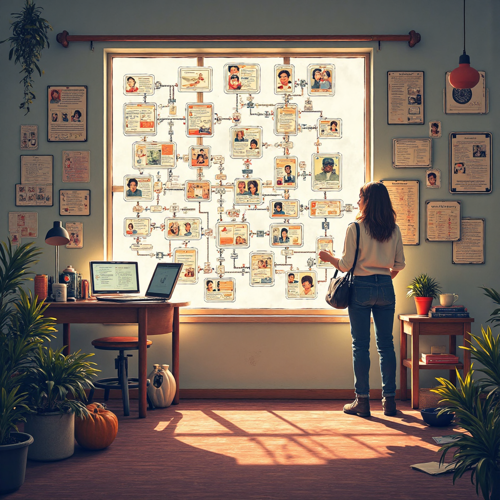 內容策略流程圖插圖，展示互聯節點、齒輪與使用者旅程路徑