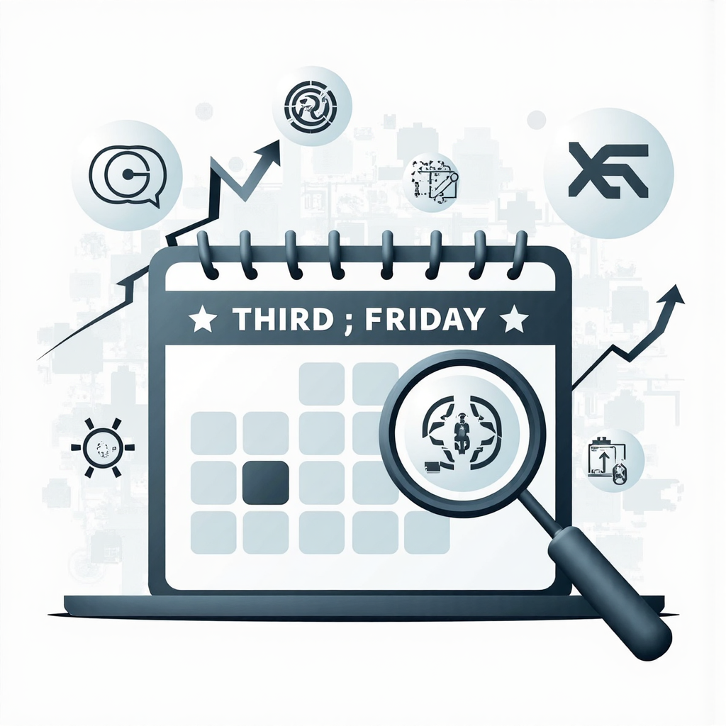 stylized illustration depicting a magnifying glass hovering over a financial calendar highlighting the third Friday of the third month with subtle overlays of intertwined trading symbols for futures and options