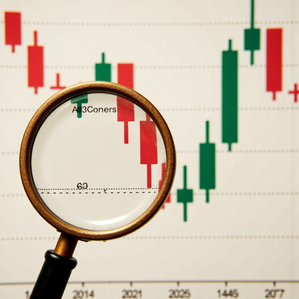 紅三兵 K線圖的近距離像素藝術插圖,放大鏡聚焦 K線實體與輕微上影線