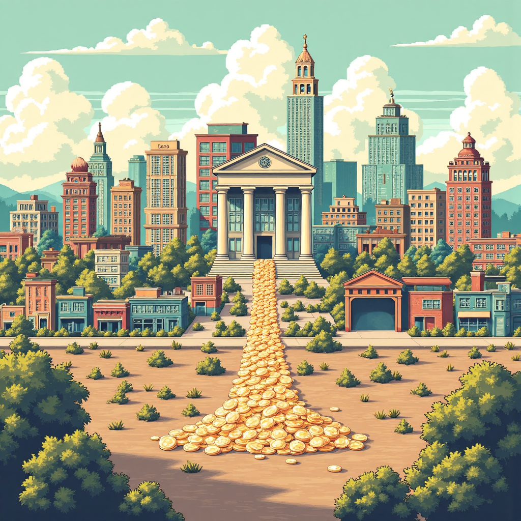 An illustration depicting a central bank like a benevolent giant operating a massive irrigation system pouring digital coins into a wilting economic landscape filled with diverse businesses and residential areas soft pastel colors and gentle lighting