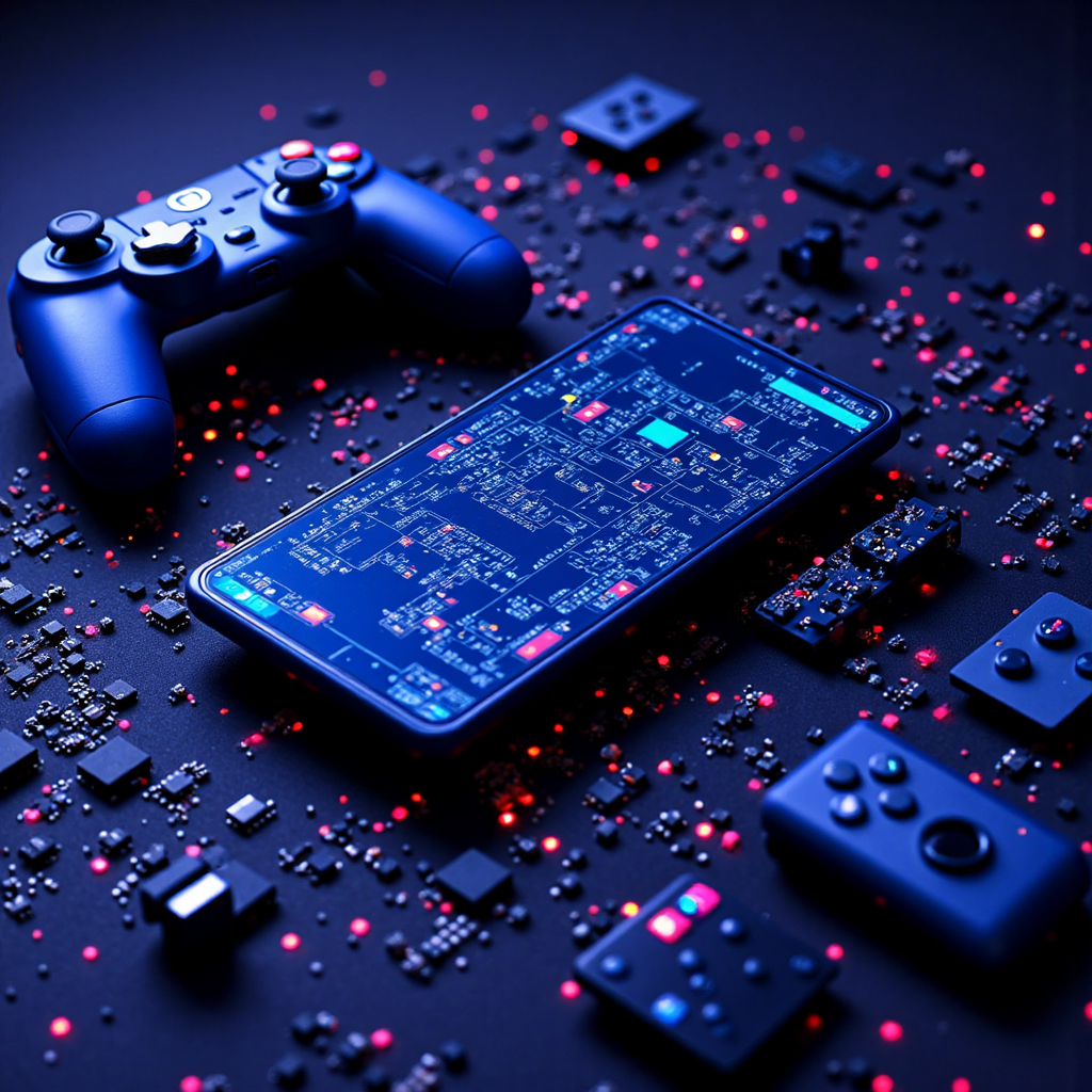 illustration of a digital financial trading chart blending with a vibrant game controller and circuitry both bathed in soft blue light against a dark background